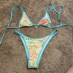 Turquoise Trim Paisley Print Triangle Bikini